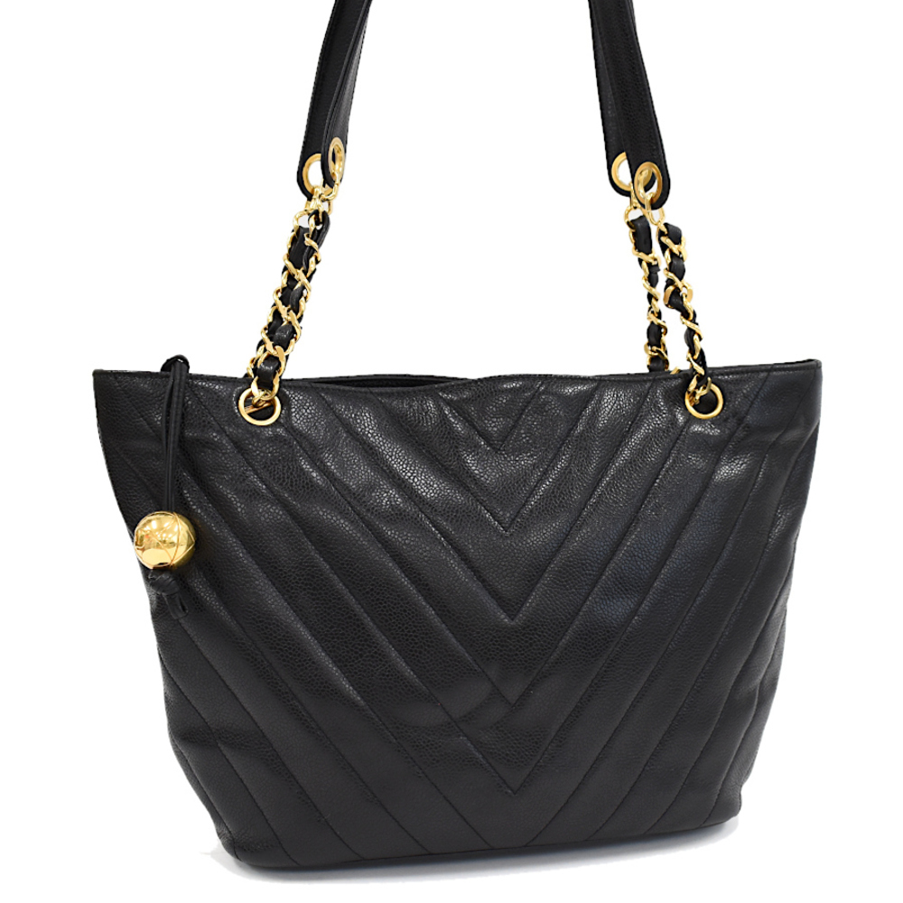 Chanel Chain Shoulder Tote Bag V Stitch Caviar Skin Leather Black Gold Hardware